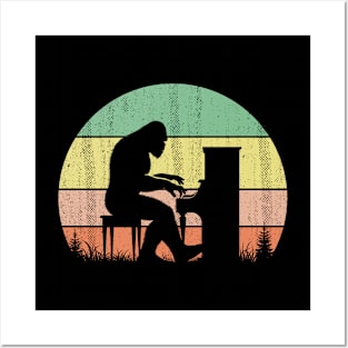 Bigfoot Sasquatch Playing The Piano Vintage Sunset Musical Instrument Posters and Art